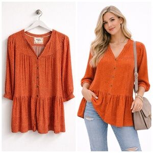 Anthropologie Holding Horses Button-front Orange Boho Ruffle Blouse Tunic Small